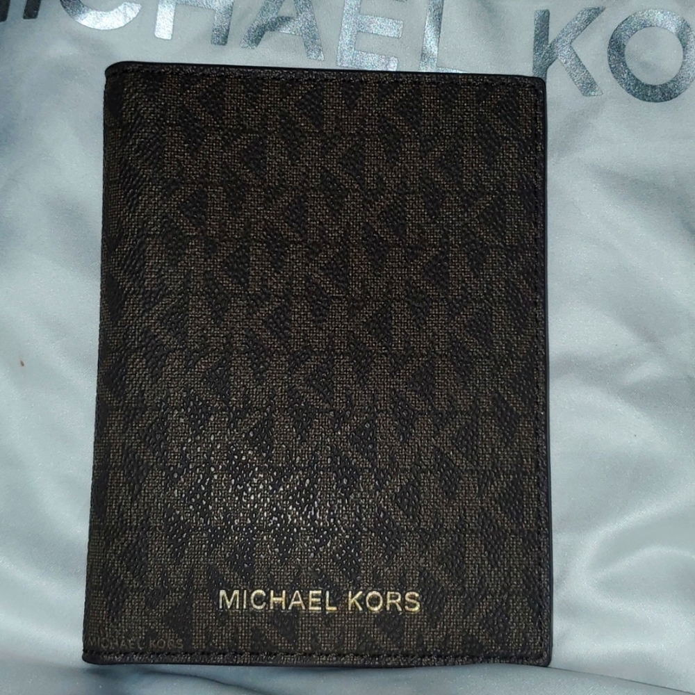 MK warm brown passport and credit card holder.